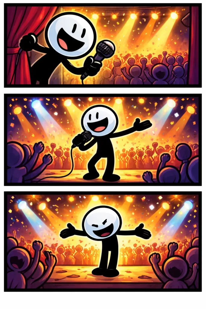 Stripafbeelding met drie unieke panelen van een stickman in Toonwords-stijl tijdens een energiek Optreden, zonder tekst en met zwart kader.