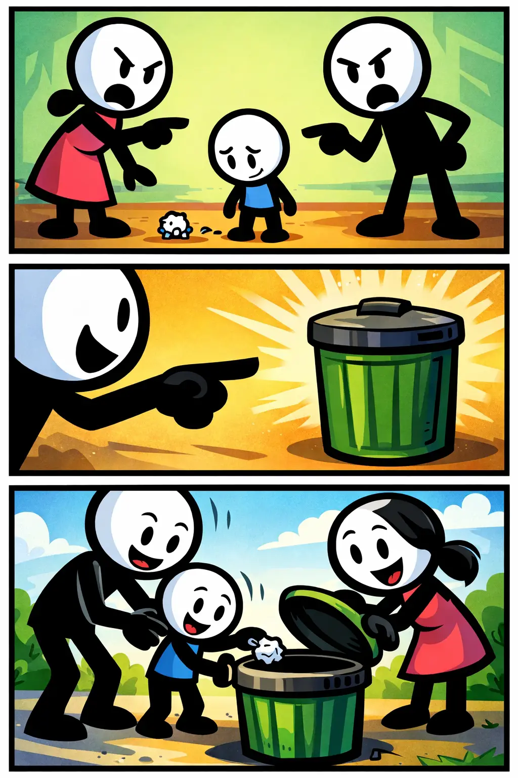 Stripafbeelding met drie panelen over Opvoeden, waarin ouders samen met hun kind leren afval netjes in de prullenbak te gooien.