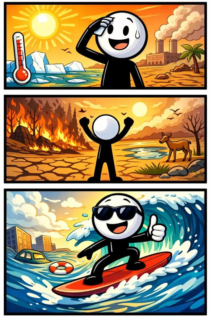 stickman die de opwarming van de aarde laat zien in drie verschillende scènes met zon, smeltend ijs en een jong boompje.
