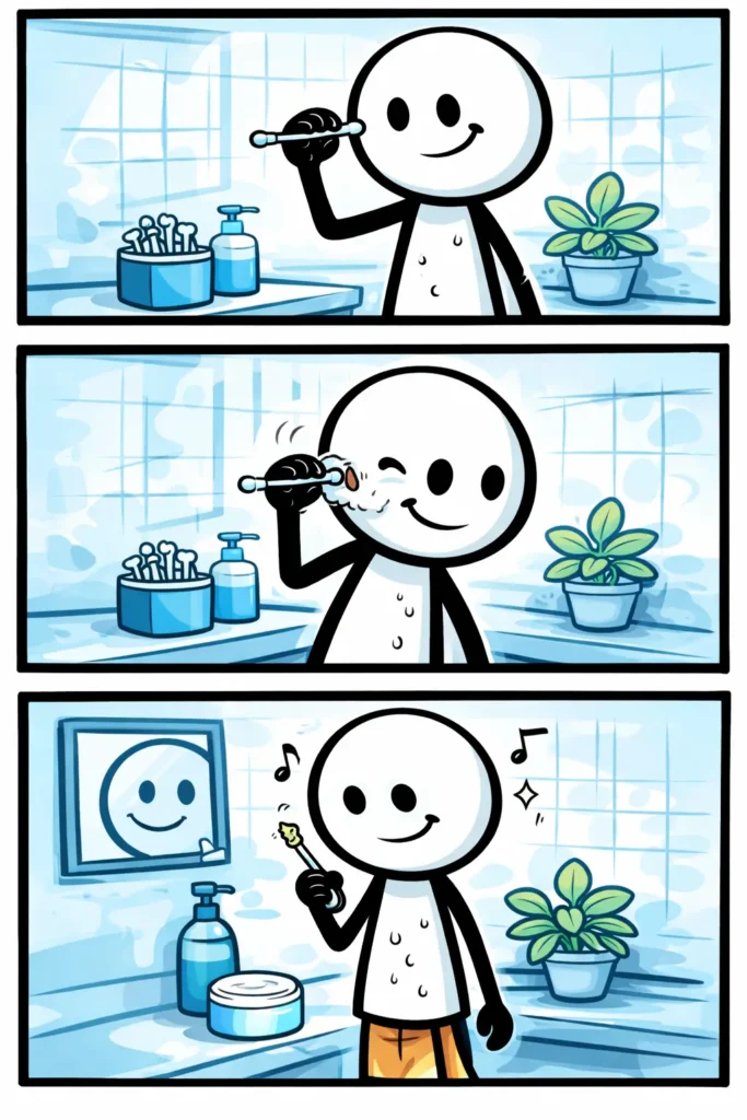 Stripafbeelding met drie panelen van een stickman die zijn oren schoonmaakt, passend bij het woord Oren schoonmaken.