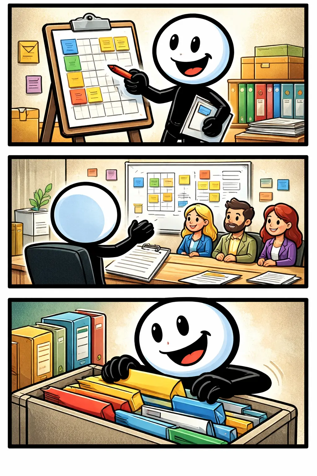 stickman die bezig is met organisatiewerk aan een bureau met mappen en planning; het woord Organisatiewerk zichtbaar