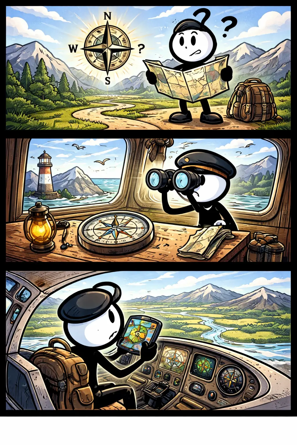 Stripafbeelding met drie verticale panelen van een stickman in Toonwords-stijl die Oriëntatie toont op land, op zee en in de lucht, zonder tekst en met zwart kader.