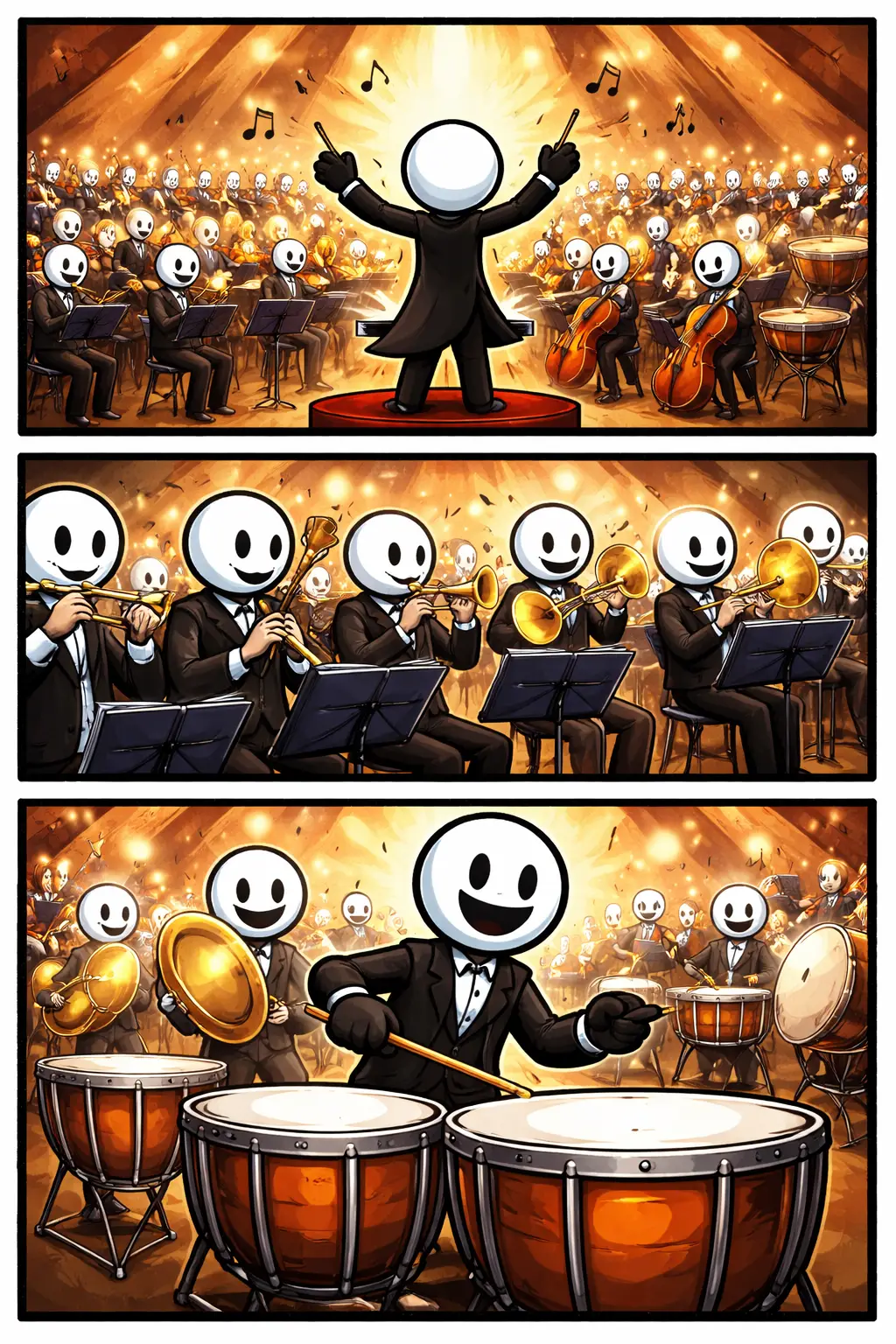 Drie Toonwords-panelen met een orkest dat samen muziek maakt onder leiding van een dirigent, in kleur en zonder tekst.