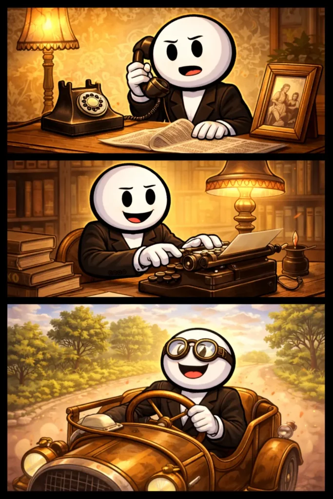 Stickman in Toonwords-stijl die in drie scènes ouderwetse voorwerpen en situaties laat zien.