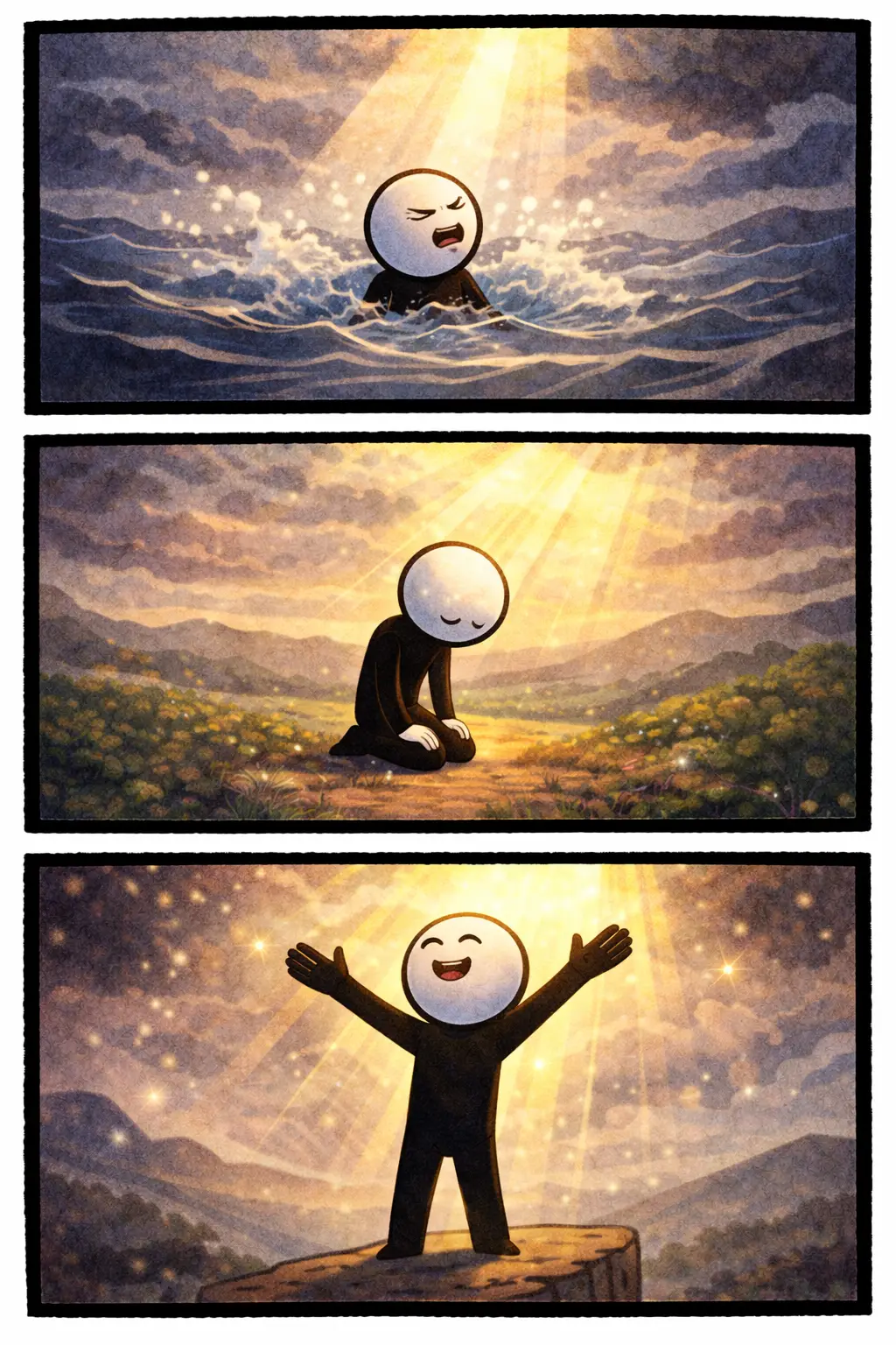 Driepanelenstrip met een stickman in Toonwords-stijl die het woord Overgave verbeeldt door loslaten, open houding en rustige acceptatie.