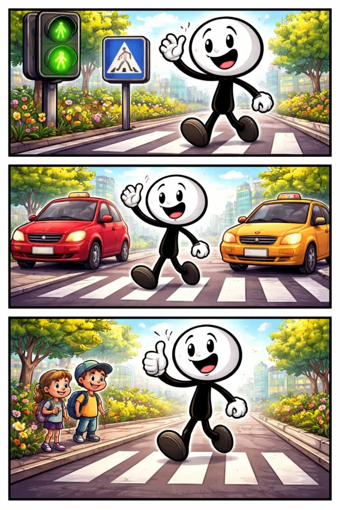 Stickman steekt voorzichtig over bij een oversteekplaats in een kleurrijke strip met drie panelen.