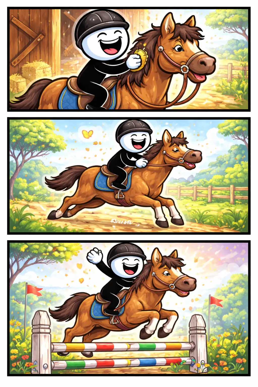 Stickman in Toonwords-stijl die paardrijden laat zien door een paard te verzorgen, te berijden en over een hindernis te springen, verdeeld over drie panelen, bij het woord Paardrijden.