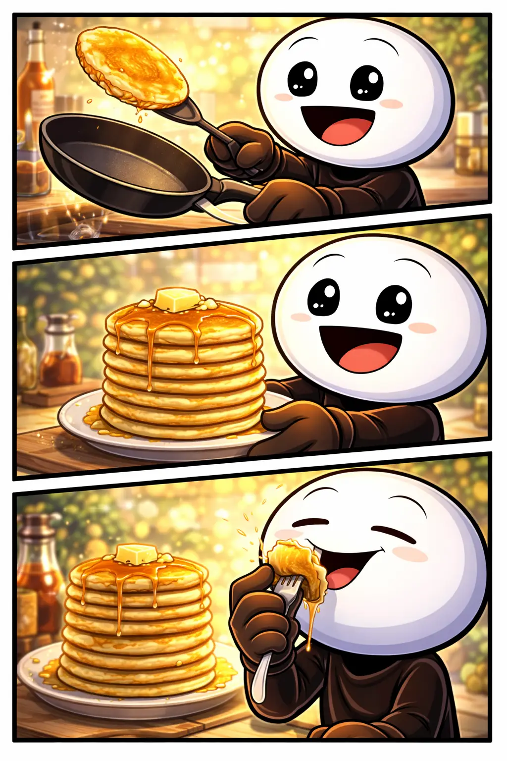 stickman die in drie panelen een pannenkoek bakt, opstapelt en opeet, passend bij het woord Pannenkoek
