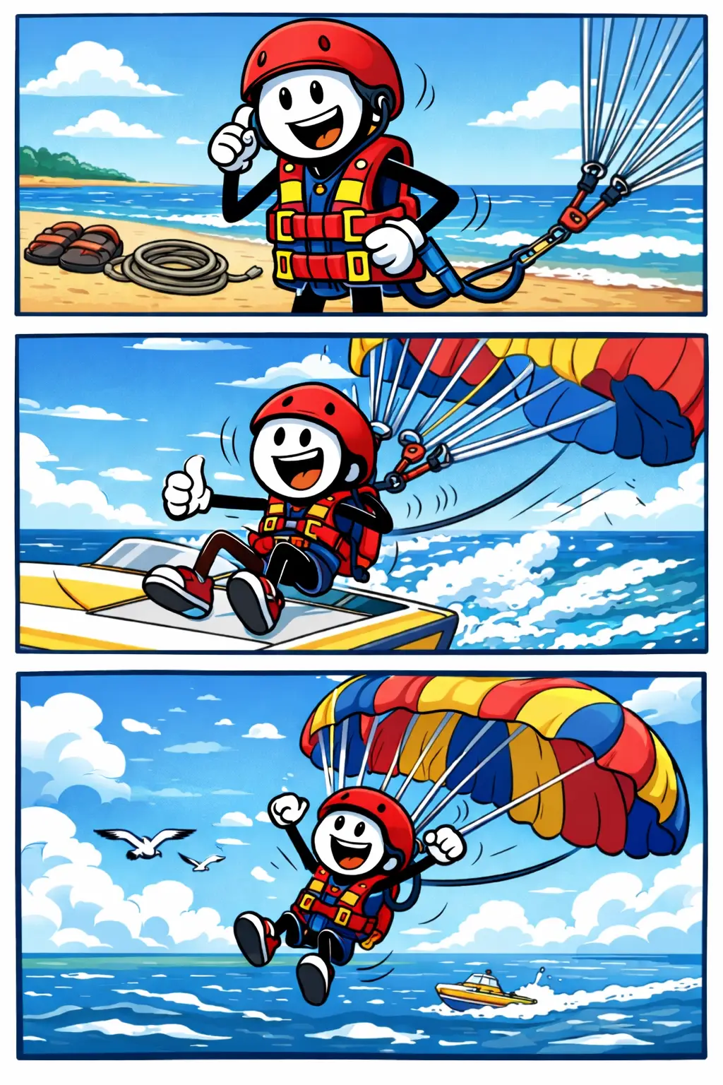 Stripafbeelding met drie panelen van een stickman die Parasailen uitvoert boven zee.