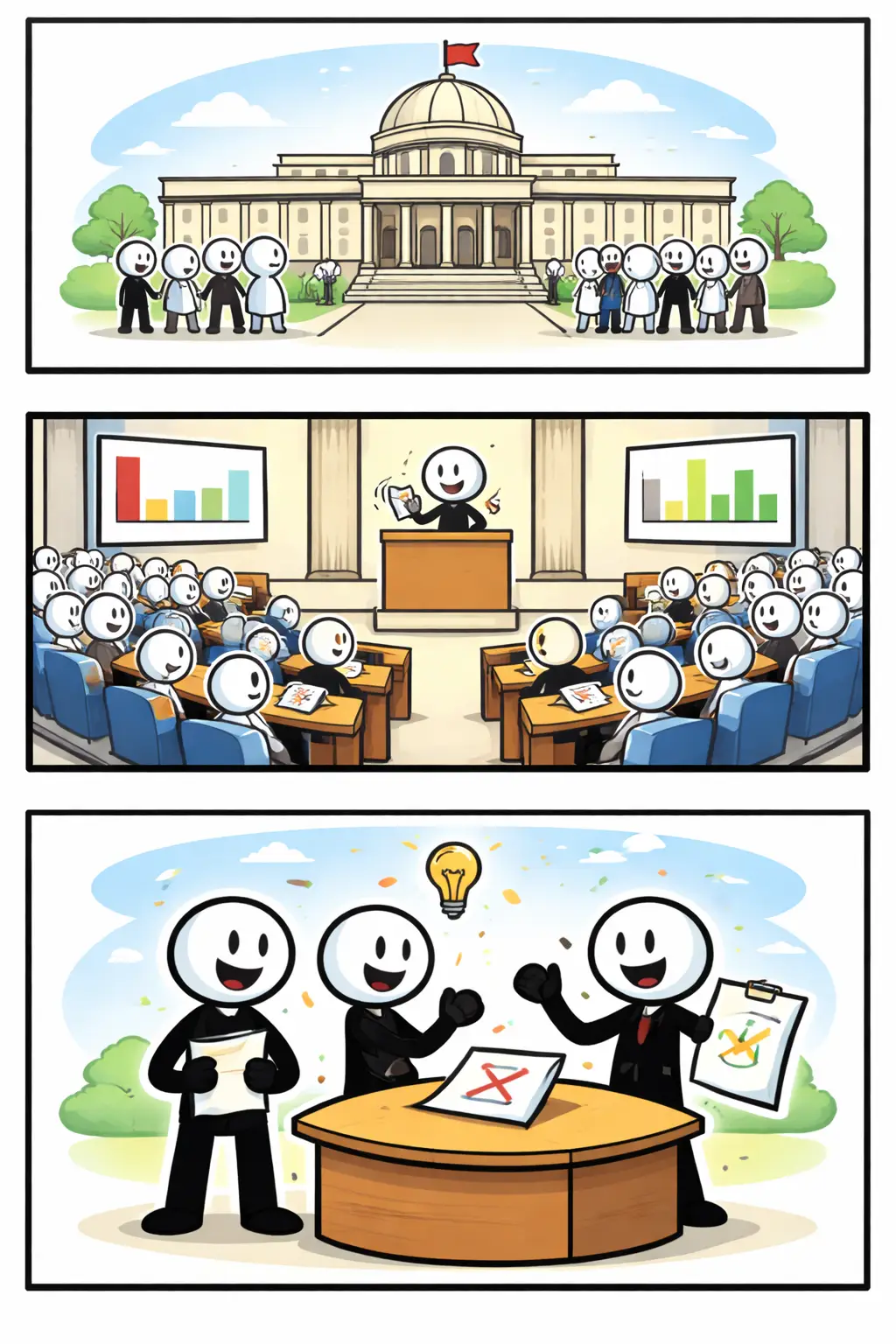 Driepanelige stripafbeelding met stickman in Toonwords-stijl over Parlement, waarin overleg, debat en besluitvorming worden uitgebeeld.