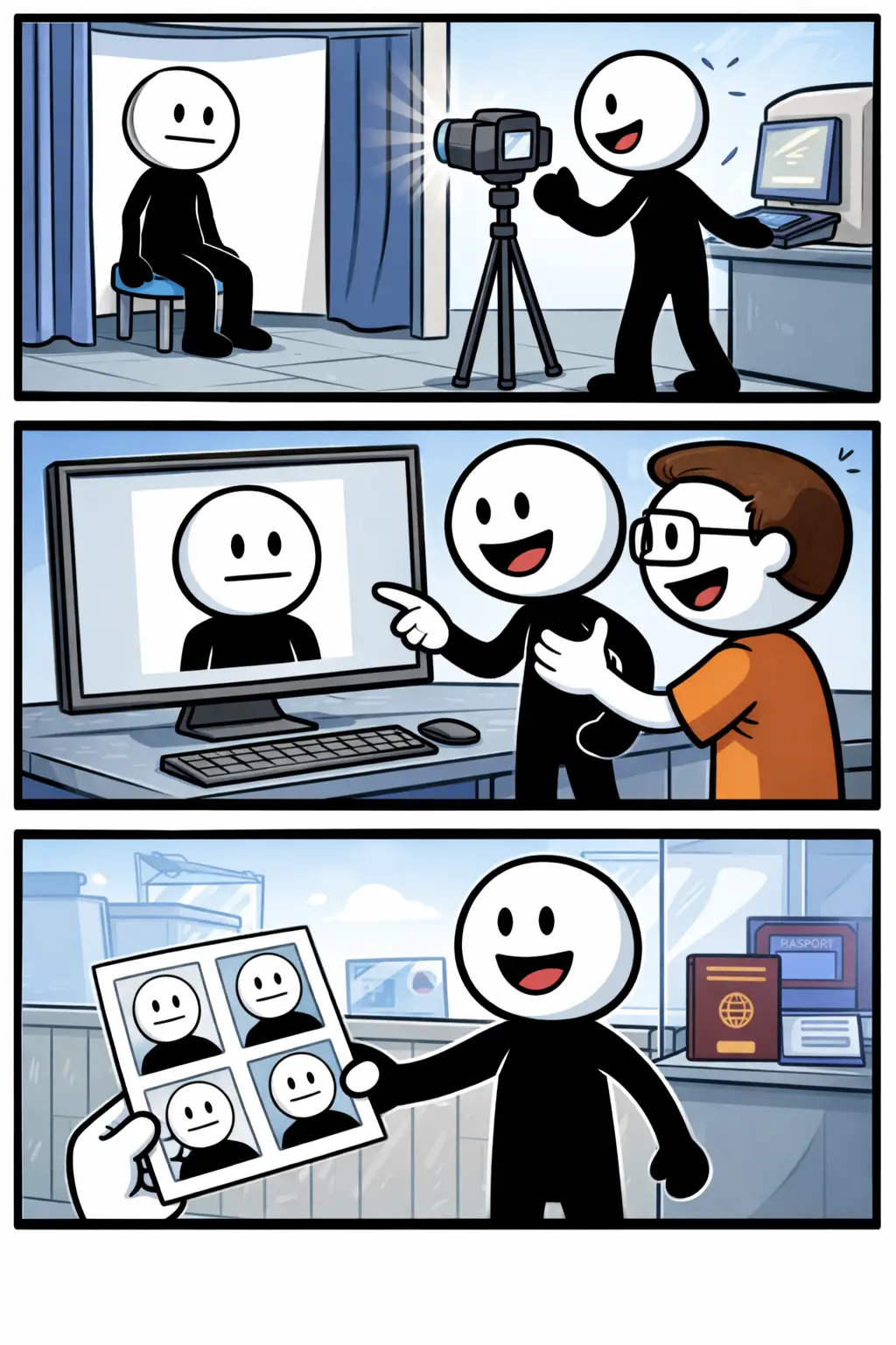 Een strip waarin een stickman vrolijk zijn pasfoto laat maken en ontvangt, passend bij het woord pasfoto.
