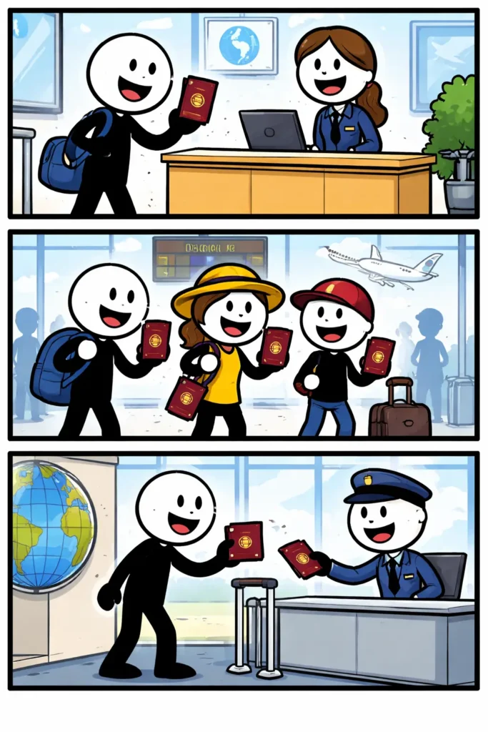 Een strip waarin een stickman vrolijk zijn paspoort gebruikt bij reis­momenten, passend bij het woord paspoort.