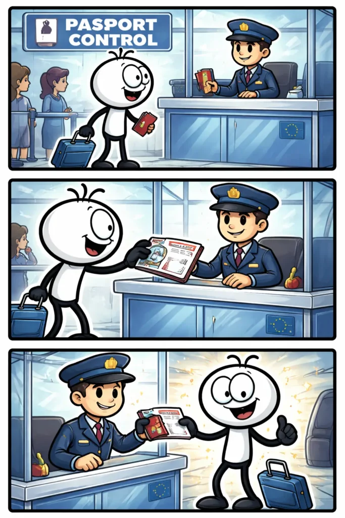 Stripafbeelding met drie panelen van een stickman in Toonwords-stijl over Paspoortcontrole, in kleur, zonder tekst, met zwart kader.
