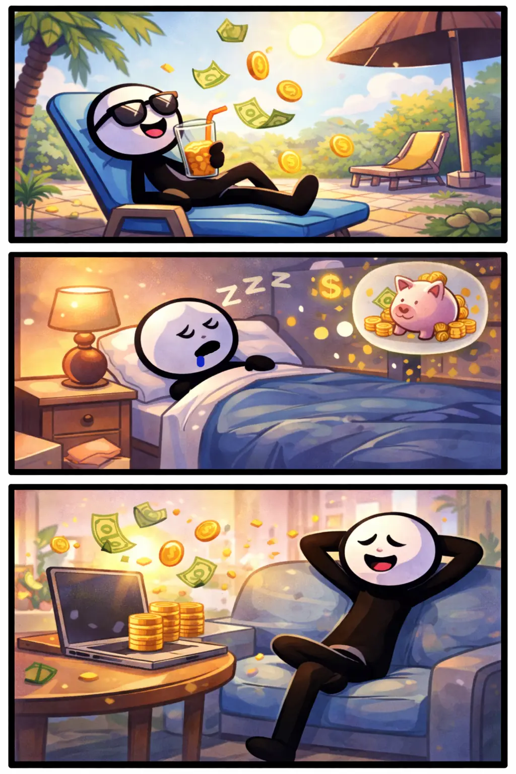 Drie-panelen stripafbeelding in Toonwords-stijl van een stickman die geniet van passief inkomen terwijl geld automatisch binnenkomt.