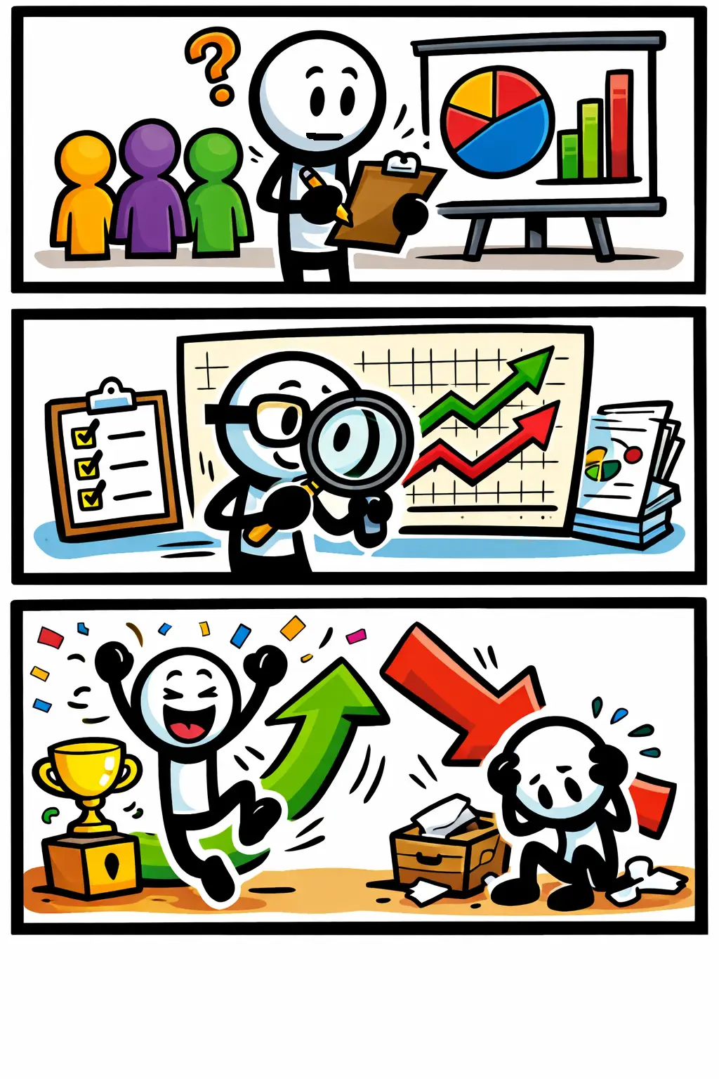 Stripafbeelding met een stickman in Toonwords-stijl die een politieke peiling analyseert met grafieken en stijgende en dalende trends rond het woord Peiling.