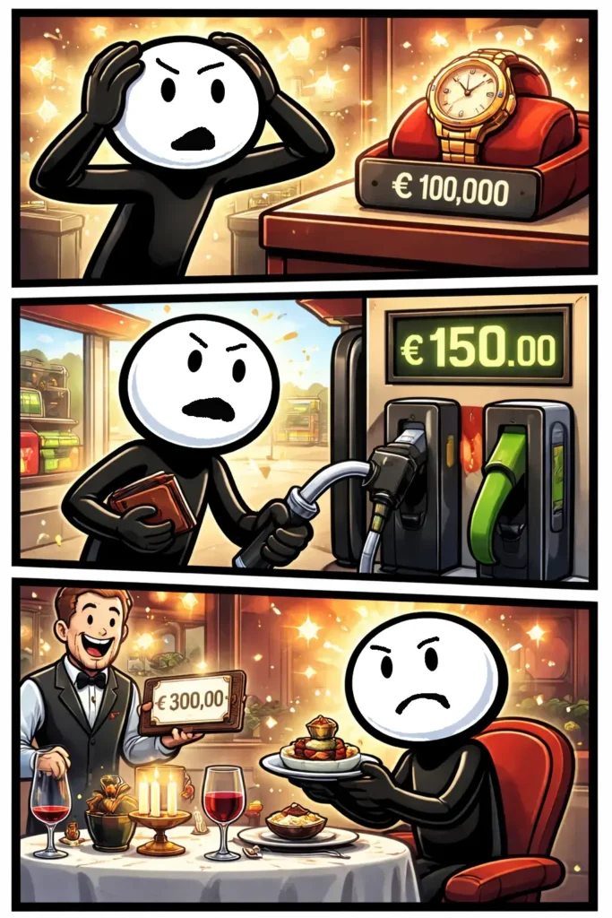 Stickman kijkt verrast naar iets dat extreem veel kost en duidelijk peperduur is.