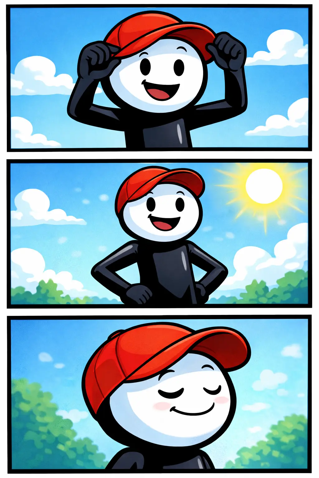 Stickman met pet op het hoofd in vrolijke setting – Toonwords-stijl – “Pet”.