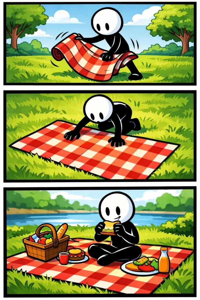 Stickman die een picknickkleed uitvouwt, neerlegt en erop gaat zitten voor een picknick – Toonwords-stijl.