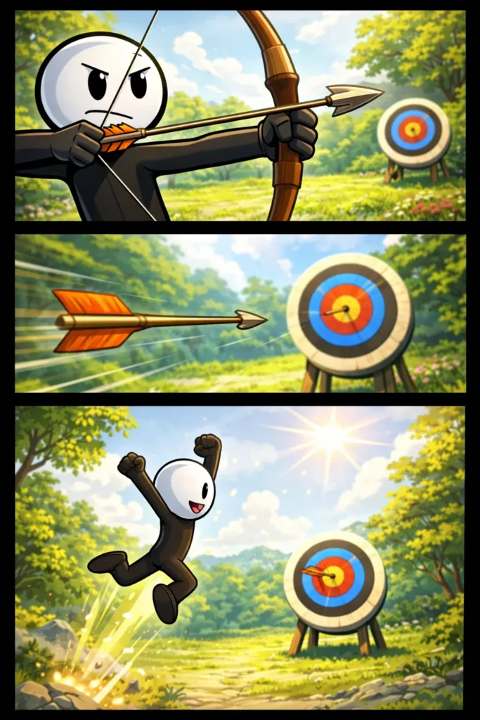 Stickman met pijl en boog in drie panelen in Toonwords-stijl zonder tekst, tijdens richten, schieten en juichen.