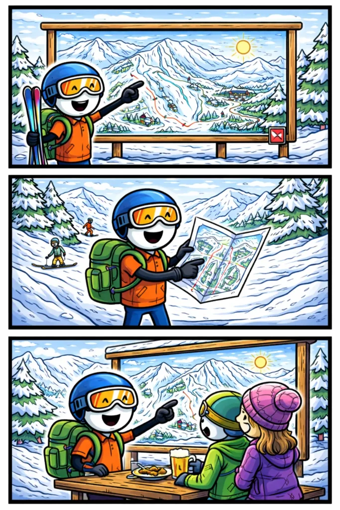 Stickman in Toonwords-stijl die een pistekaart bekijkt in een winters skigebied, met het woord Pistekaart als thema.