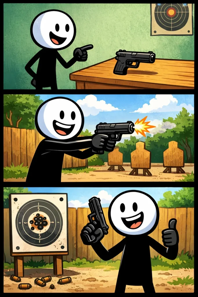 Een stickman bekijkt een pistool aandachtig op een veilige manier in de strip.