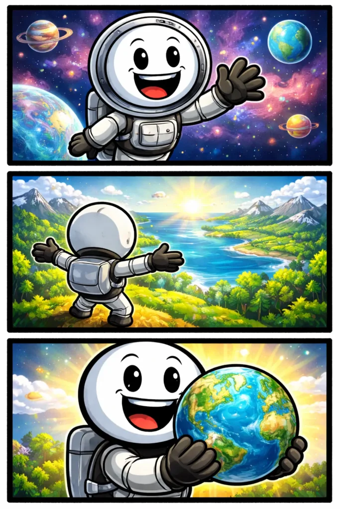 Stickman kijkt omhoog naar een zwevende planeet in de lucht, met een verwonderde en positieve blik.