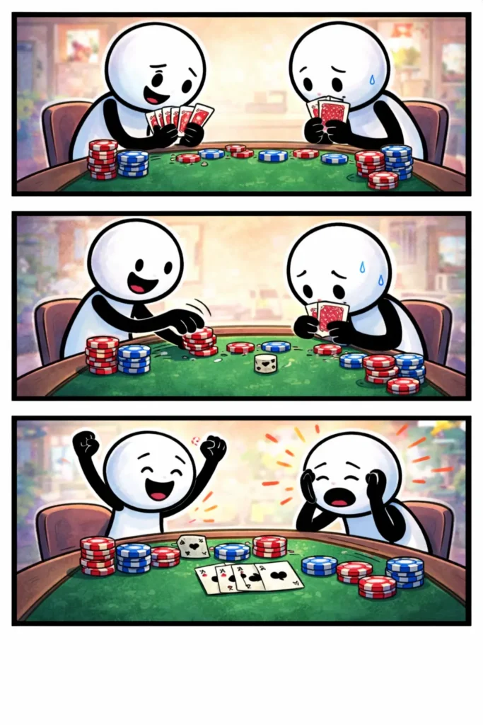 Stickman in Toonwords-stijl speelt poker aan een groene tafel met kaarten en fiches tijdens een potje poker.