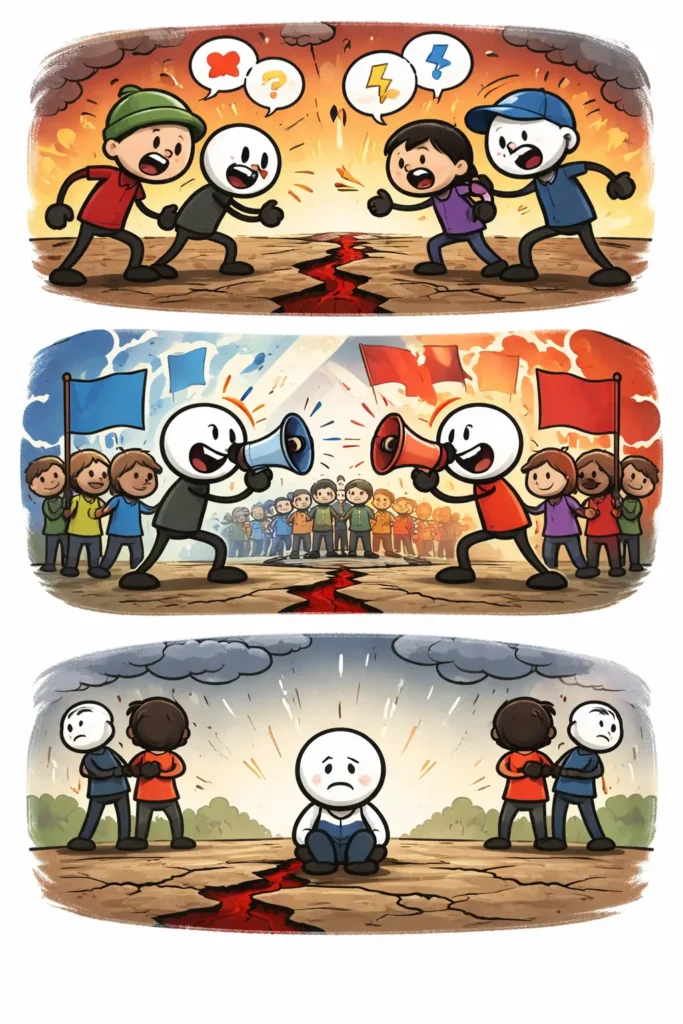 Drie panelen met een stickman in Toonwords-stijl die Polarisatie toont door groepen die steeds verder uit elkaar staan en elkaar niet meer bereiken.