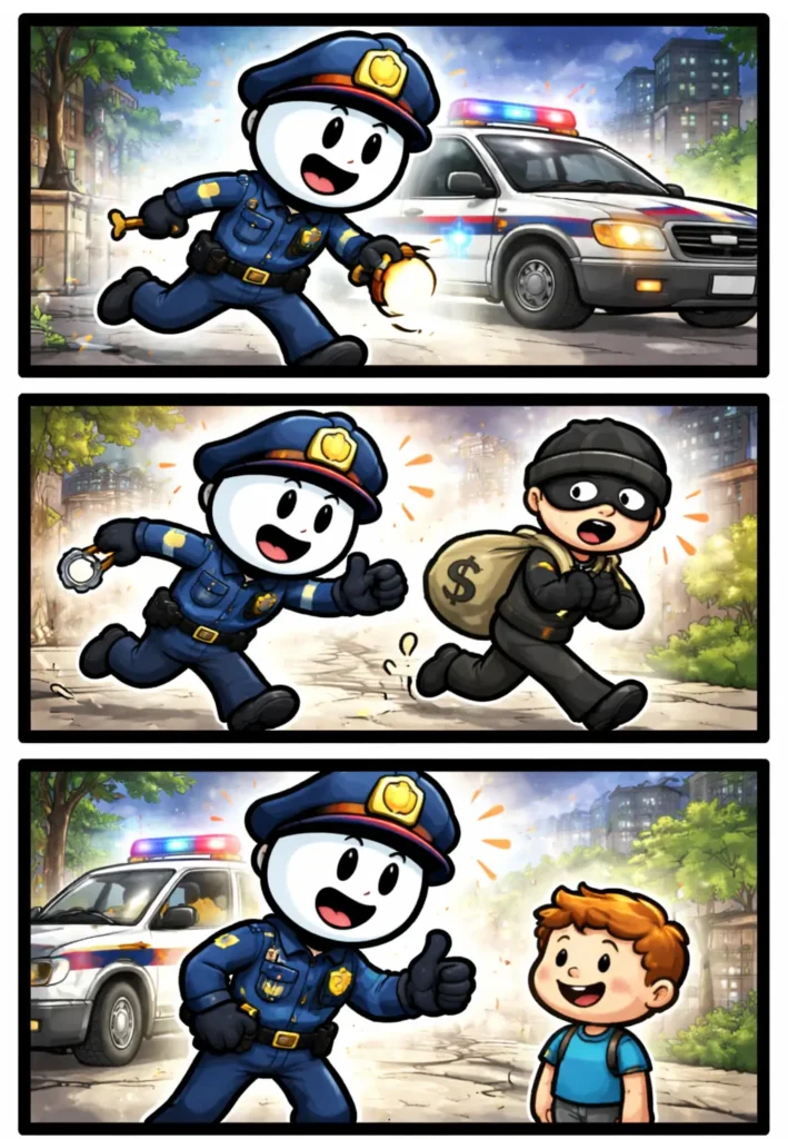 Stripafbeelding in Toonwords-stijl van een stickman als Politie die toezicht houdt en helpt in drie opeenvolgende panelen.