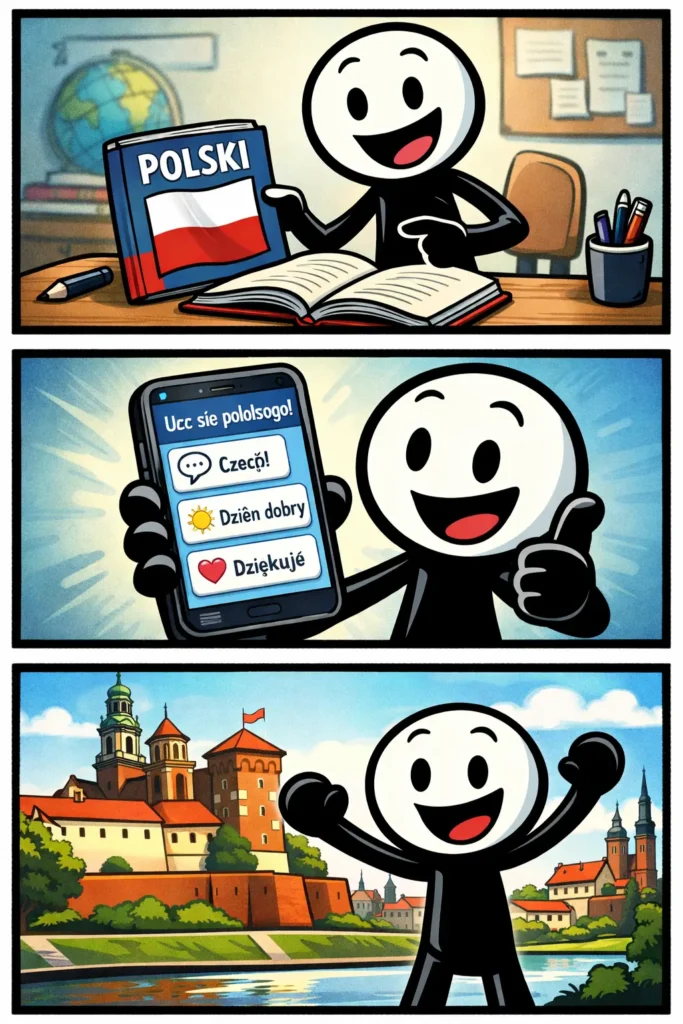 Alt-tekst (Nederlands):

Strip van een stickman die de taal Pools leert met een studieboek, een leer-app en een herkenbaar Pools landschap.

Alt-tekst (Pools):

Komiks z patyczakiem uczącym się języka polskiego z podręcznikiem, aplikacją do nauki i charakterystycznym polskim krajobrazem.