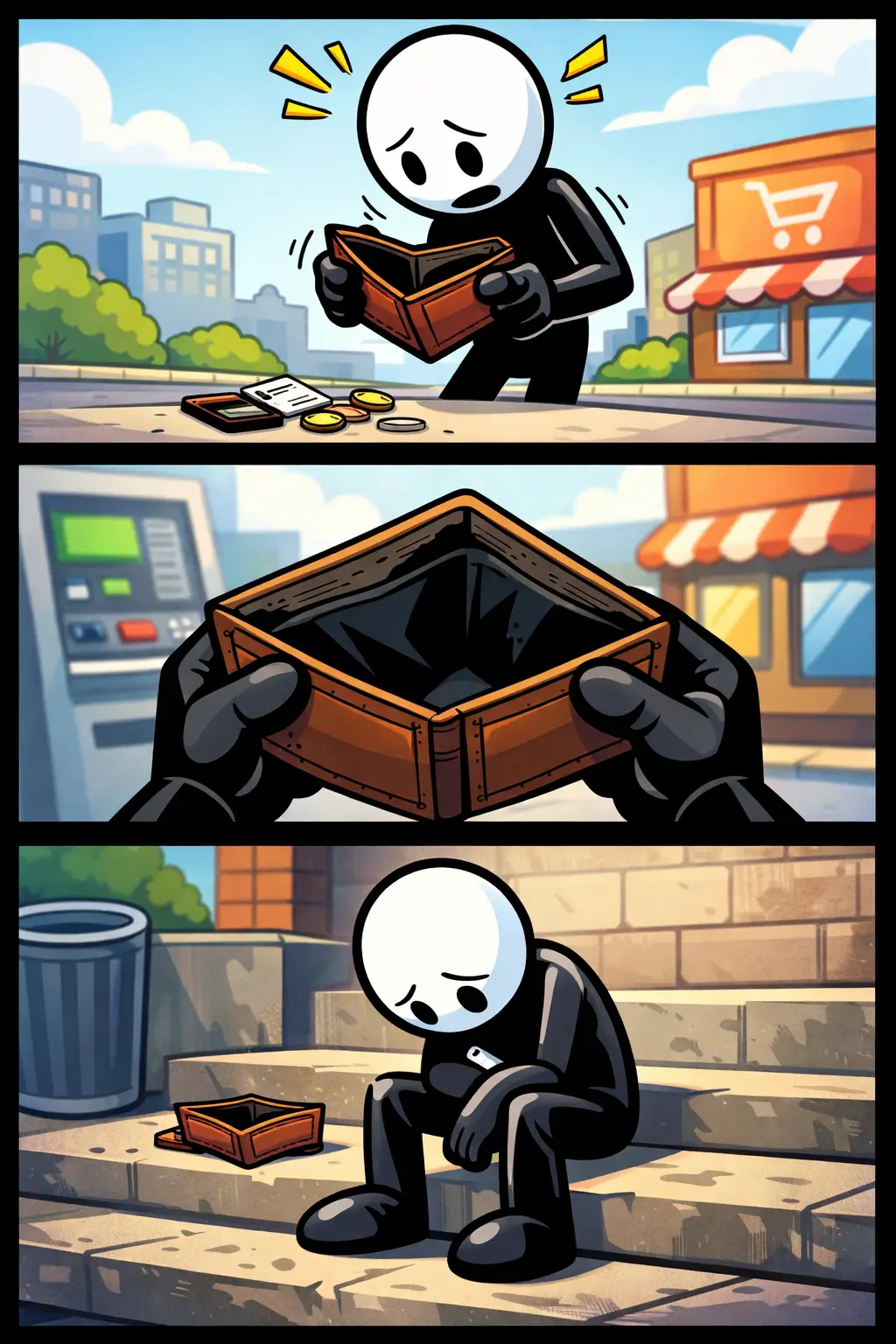 Toonwords-strip met een stickman die een portemonnee vasthoudt en bekijkt in drie opeenvolgende panelen.