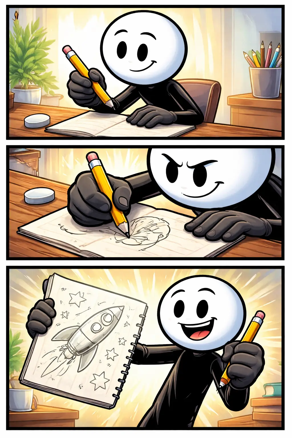 Een Toonwords-stickman die in drie panelen een potlood vasthoudt, ermee schetst en trots een tekening toont.