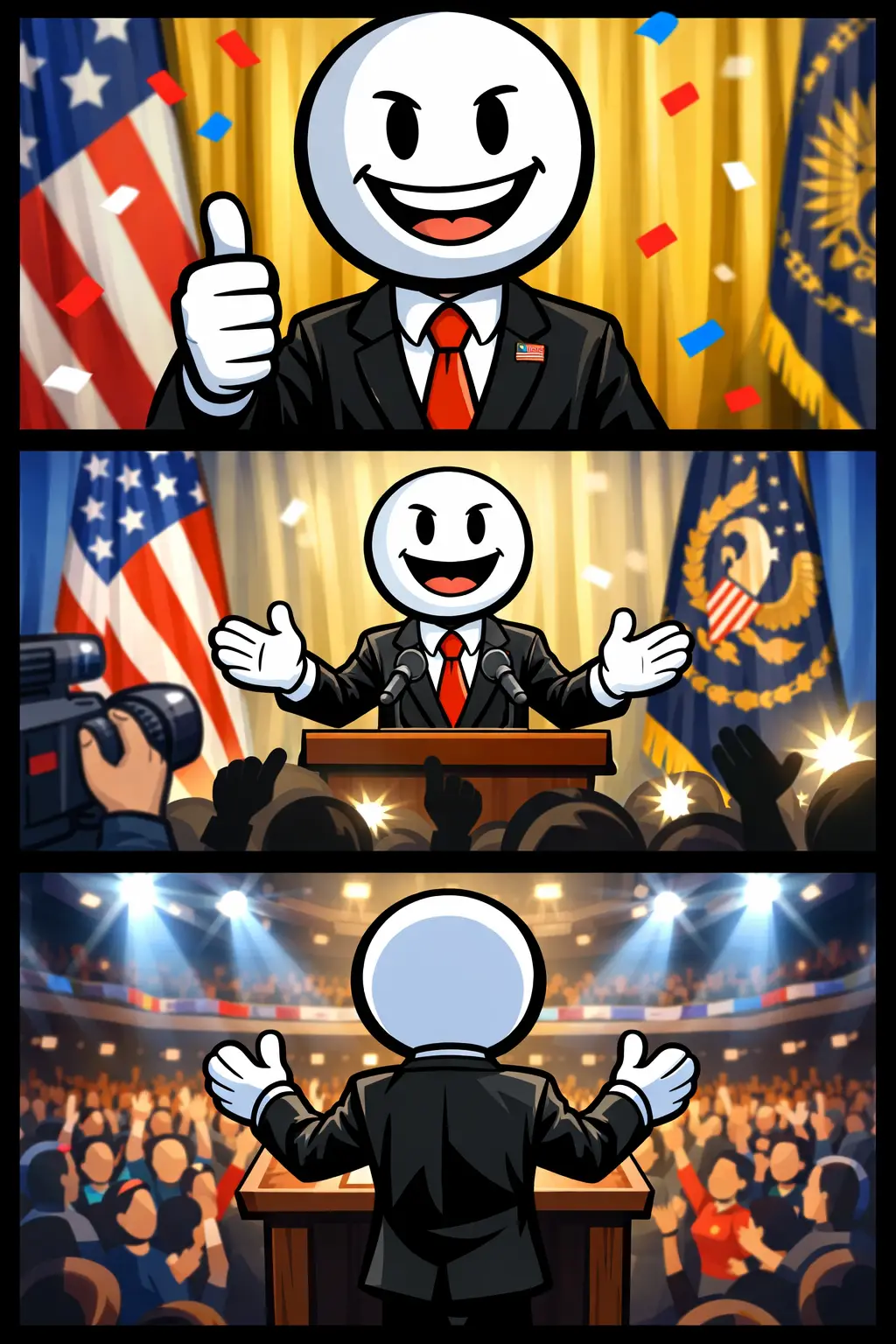 Stickman-president in Toonwords-stijl die op een podium staat tijdens een officiële ceremonie.