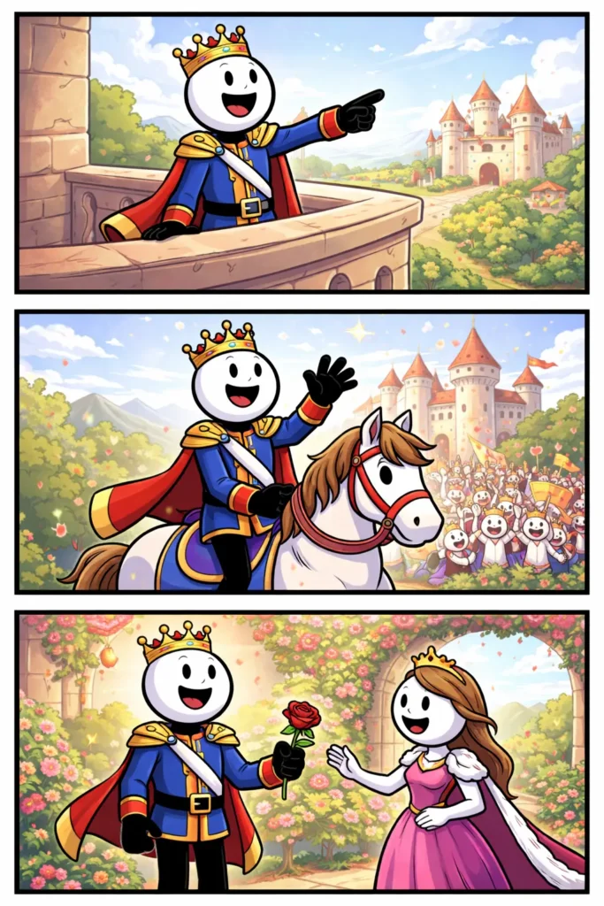 Een vrolijke stickman die als prins rondloopt past precies bij het woord prins.