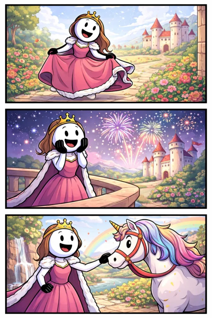 Een vrolijke stickman als prinses past volledig bij het woord prinses.