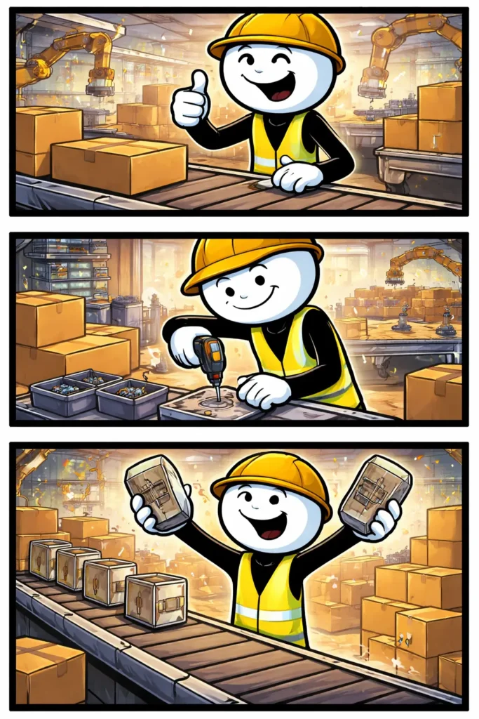 Stickman die bezig is met onderdelen in elkaar zetten als Toonword voor productiewerk.