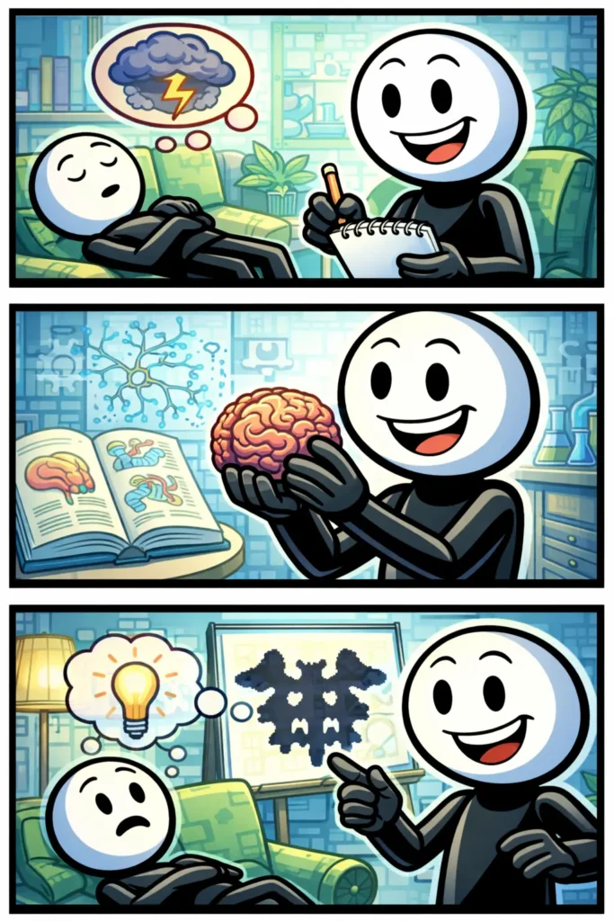 Een stripafbeelding met drie panelen waarin een vrolijke stickman mentale processen en emoties verkent, zoals nadenken, observeren en analyseren, weergegeven in kleurrijke Toonwords-stijl.