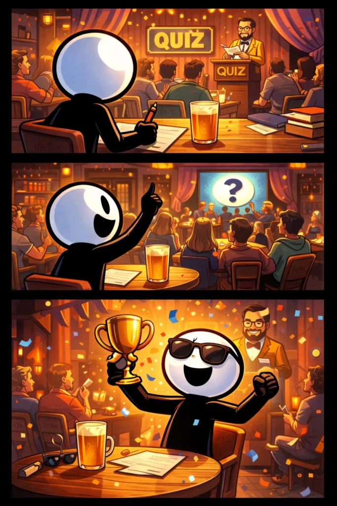 “Toonwords-strip van een pubquiz met een stickman die in een café meedoet aan een quiz.”