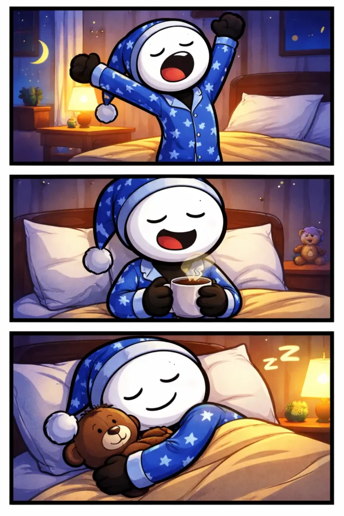 Stickman met wit hoofd en zwart lichaam draagt een pyjama en toont rustige gezichtsuitdrukkingen in drie panelen, Toonwords-stijl.