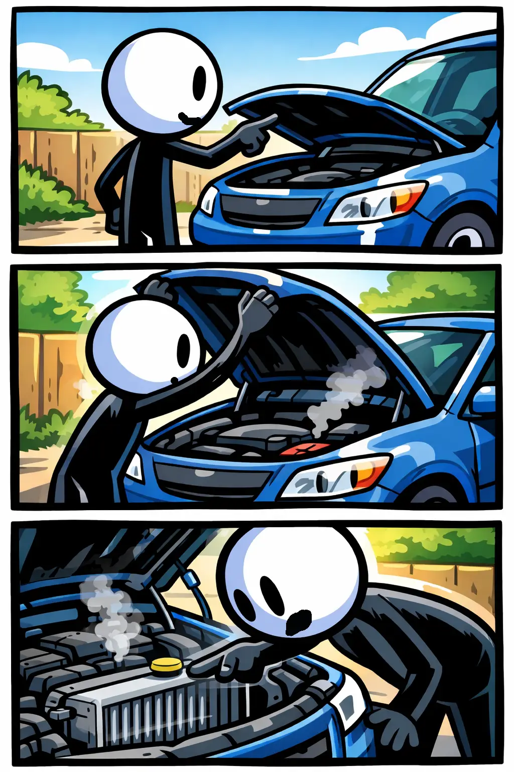 Toonwords-strip met een stickman die de motorkap opent en de radiator van een auto aanwijst.