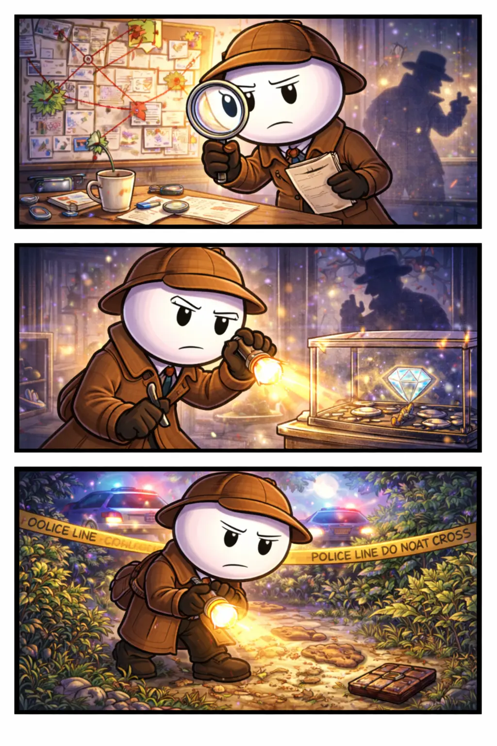 Drie-panelen stripafbeelding in Toonwords-stijl van een serieuze stickman-rechercheur die aanwijzingen onderzoekt met een vergrootglas, een plaats delict inspecteert en sporen volgt, passend bij het Nederlandse woord Rechercheur.