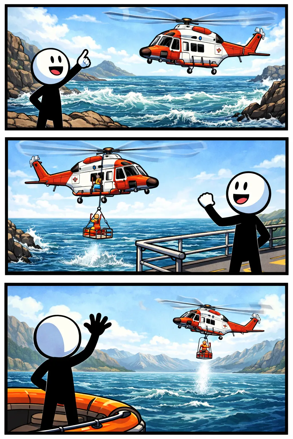 Een reddingshelikopter vliegt boven zee terwijl de stickman vrolijk toekijkt in de strip.