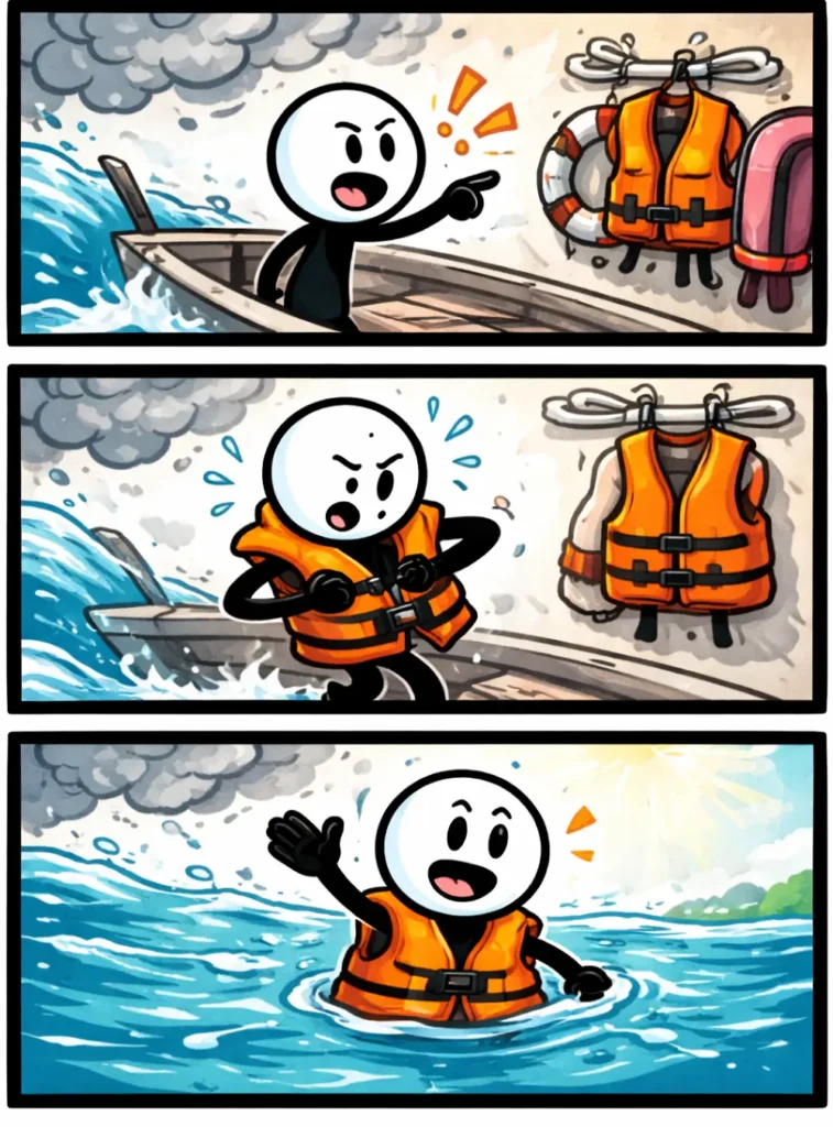 Stripafbeelding in Toonwords-stijl van een stickman die een Reddingsvest draagt en veilig blijft drijven in drie opeenvolgende panelen.