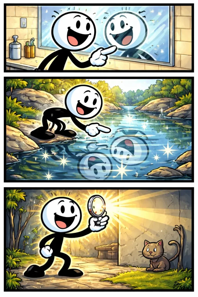 Toonwords-strip met een stickman die zijn eigen reflectie ziet door licht dat terugkaatst.