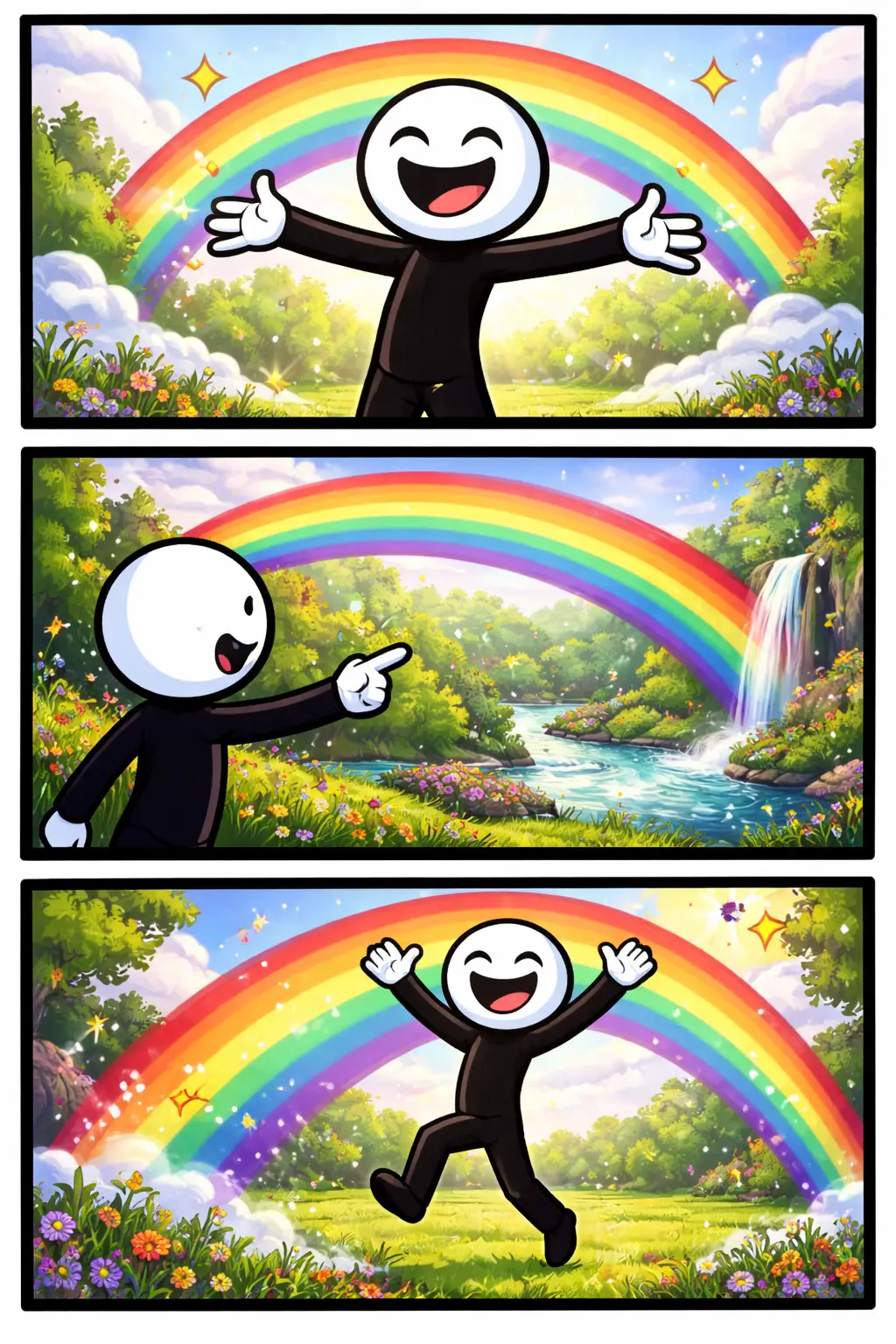 Stickman in Toonwords-stijl die blij naar een kleurrijke regenboog kijkt in drie verschillende scènes.