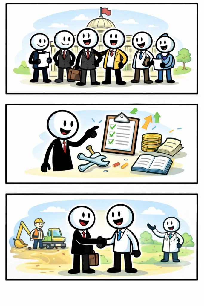 Driepanelige stripafbeelding met stickman in Toonwords-stijl over Regering, waarin besturen, plannen maken en samenwerken worden uitgebeeld.