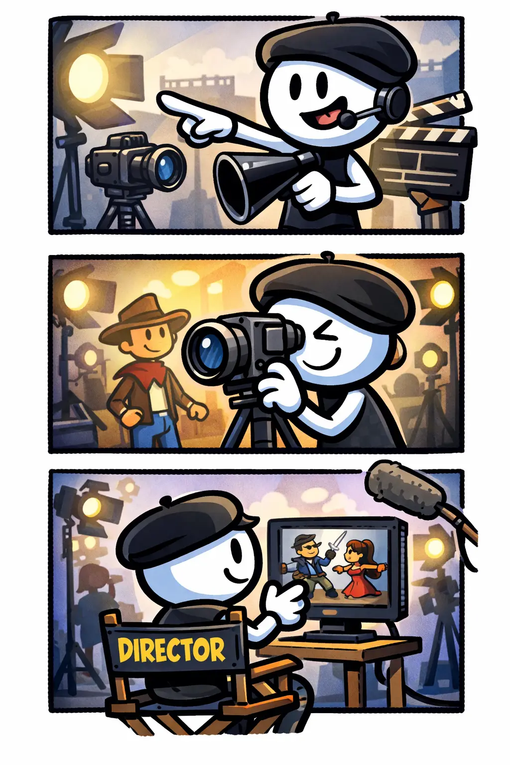 Stickman in Toonwords-stijl die als regisseur een filmset aanstuurt met camera en regiegebaar bij het woord Regisseur.