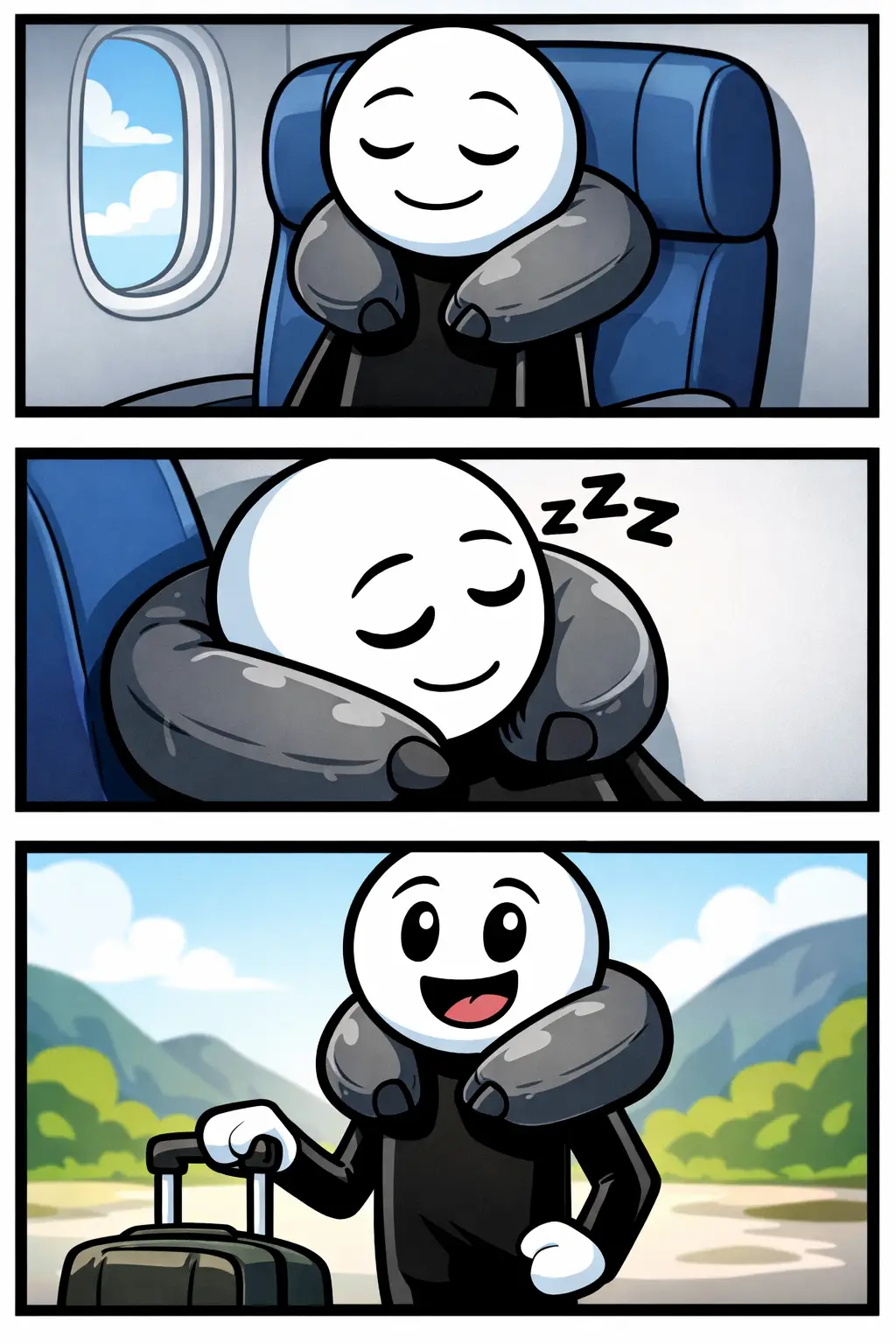 Stickman met reiskussen om de nek terwijl hij reist – Reiskussen.