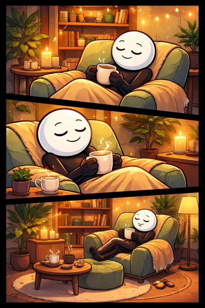 Stickman zit ontspannen in een relaxhoek met kussens en zachte sfeer, afgebeeld in drie verticale panelen in Toonwords-stijl bij het Nederlandse woord “relaxhoek”.