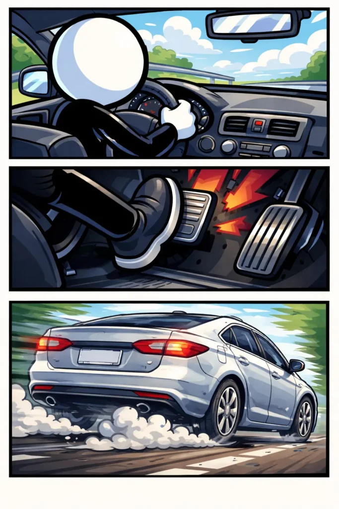 Toonwords-strip met een stickman die rijdt, het rempedaal indrukt en een auto die van buitenaf zichtbaar afremt, als visuele uitleg van het woord rempedaal.